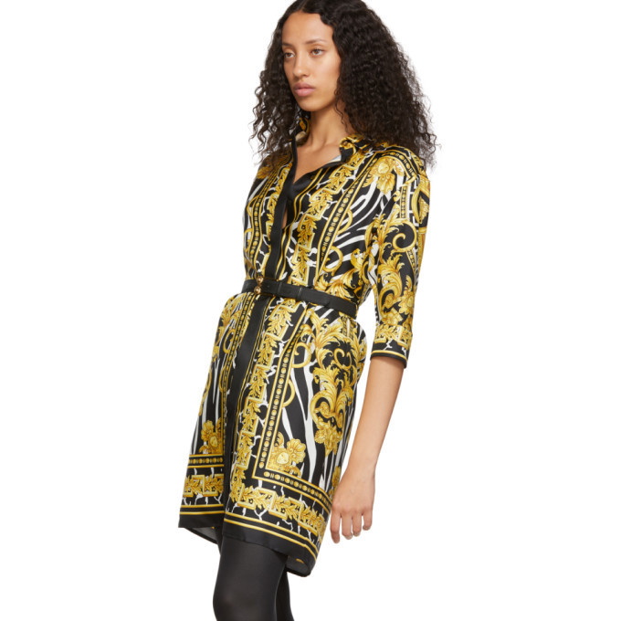 Versace Baroque Print Silk Twill Shirtdress - Womens - Gold Multi