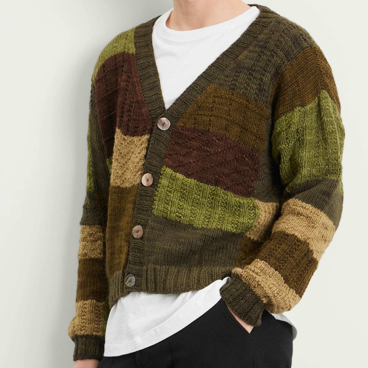 Kartik Research Men's Patchwork Cardigan in Olive/Brown/Moss