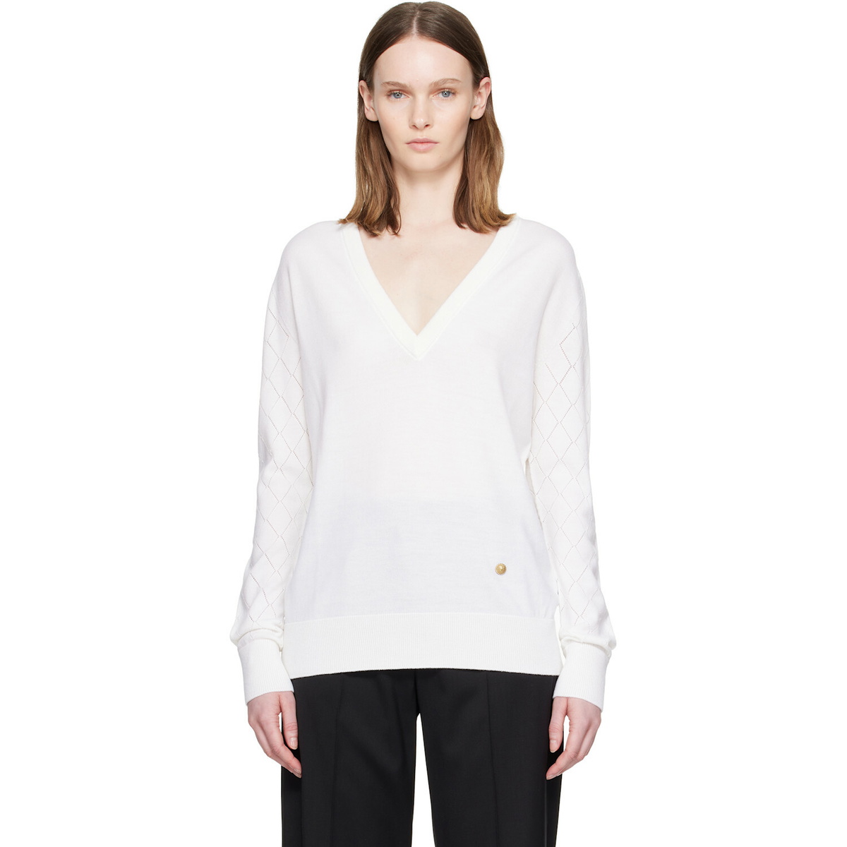 BALMAIN White V-Neck Light Sweater