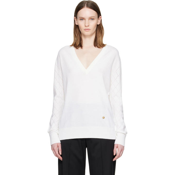 Photo: BALMAIN White V-Neck Light Sweater