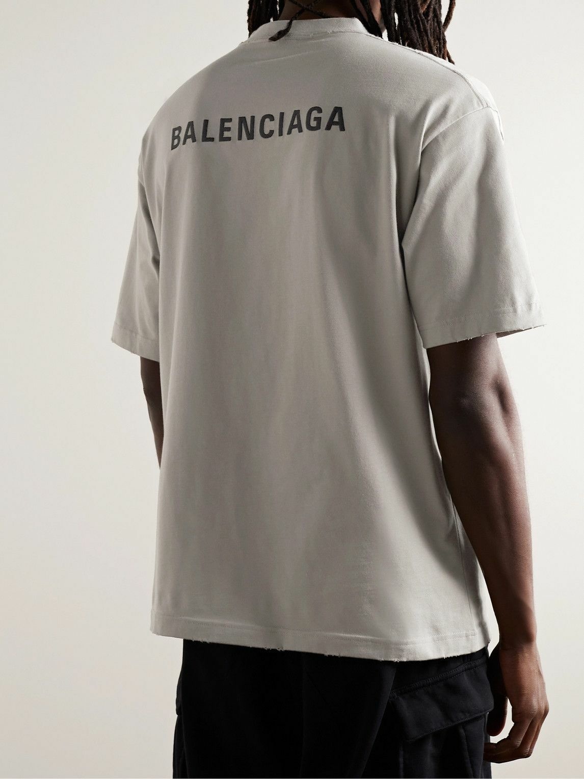 Balenciaga - Distressed Logo-Embroidered Cotton-Jersey T-Shirt - Gray  Balenciaga