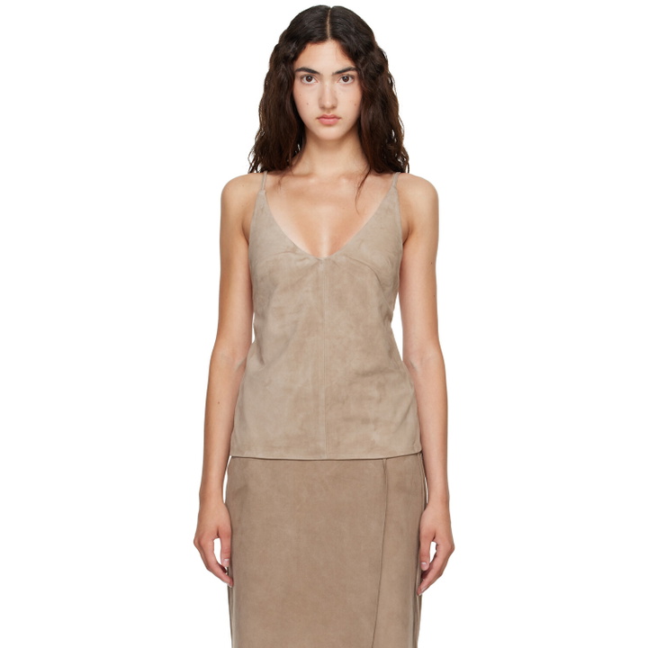 Photo: St. Agni Taupe Suede Low Back Tie Top