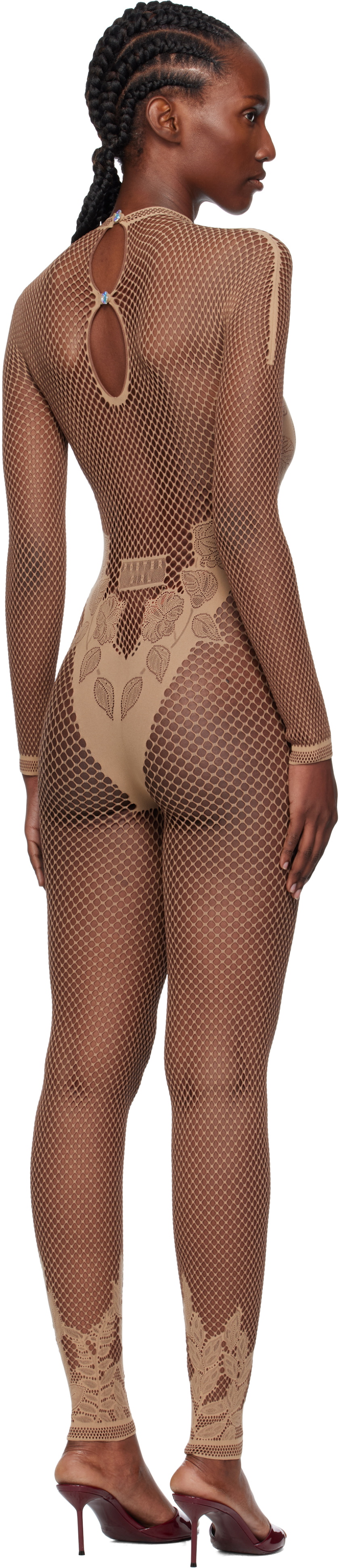 Poster Girl Beige Leaves Fishnet Capri Jumpsuit