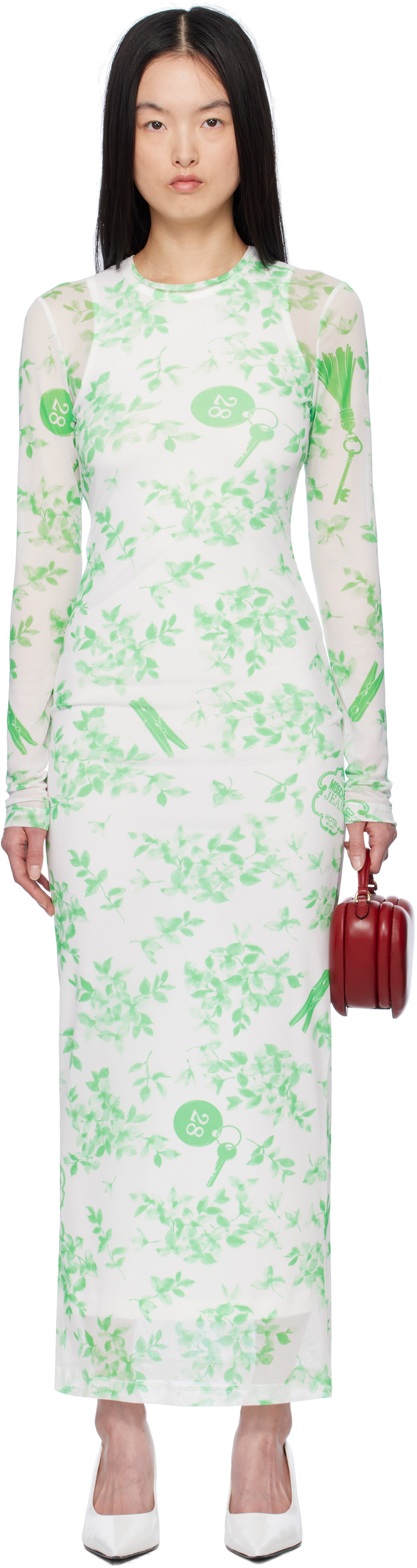 Moschino Jeans Green & White Floral Print Mesh Maxi Dress