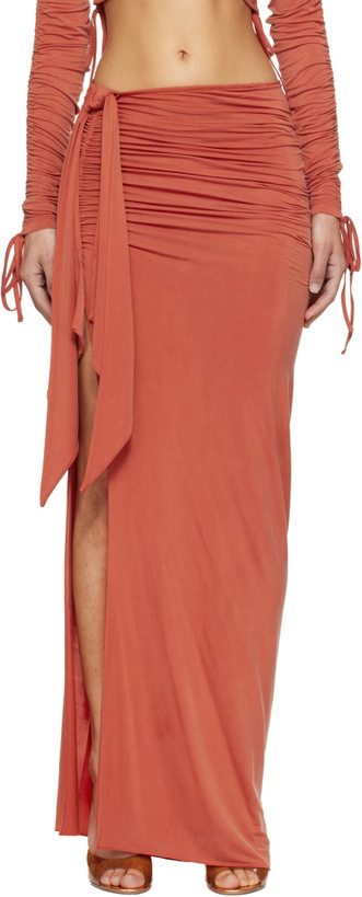 Photo: BALMAIN Orange Knotted Split Jersey Maxi Skirt