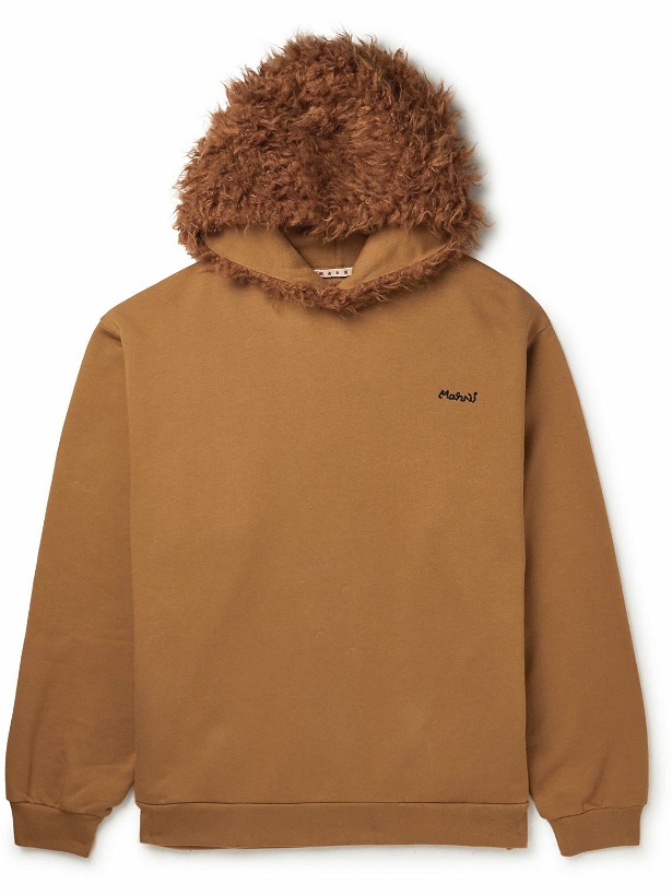 Photo: Marni - Logo-Embroidered Faux Shearling-Trimmed Cotton-Jersey Hoodie - Brown
