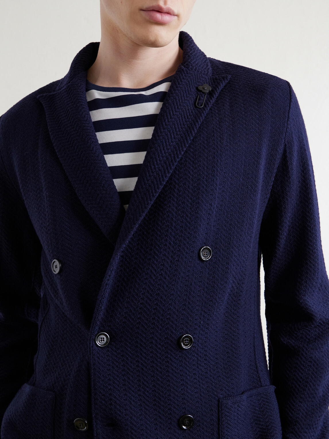 Lardini - Double-Breasted Knitted Virgin Wool Blazer - Blue