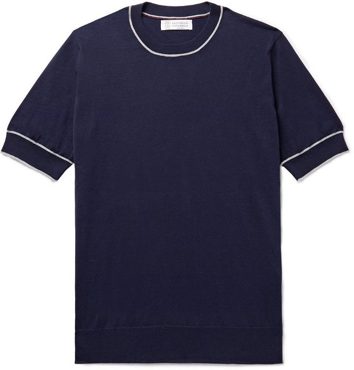 Photo: Brunello Cucinelli - Slim-Fit Contrast-Tipped Cotton T-Shirt - Men - Storm blue