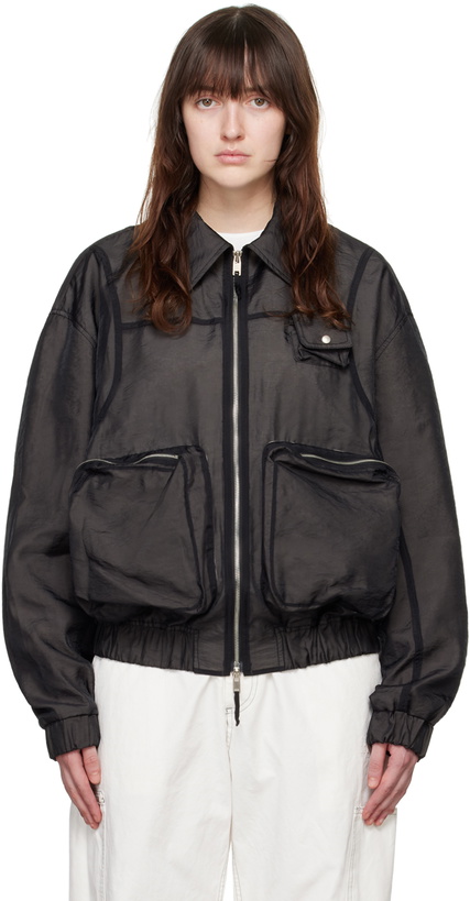 Photo: lesugiatelier Black Sheer Overlay Bomber Jacket