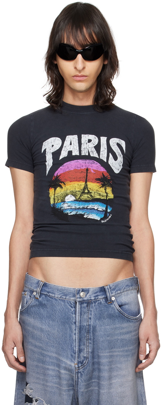 Balenciaga Black 'Paris' Tropical T-Shirt Balenciaga