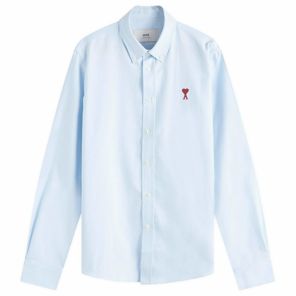 AMI Paris Men's Stripe Logo Button Down Shirt in Sky Blue/White AMI