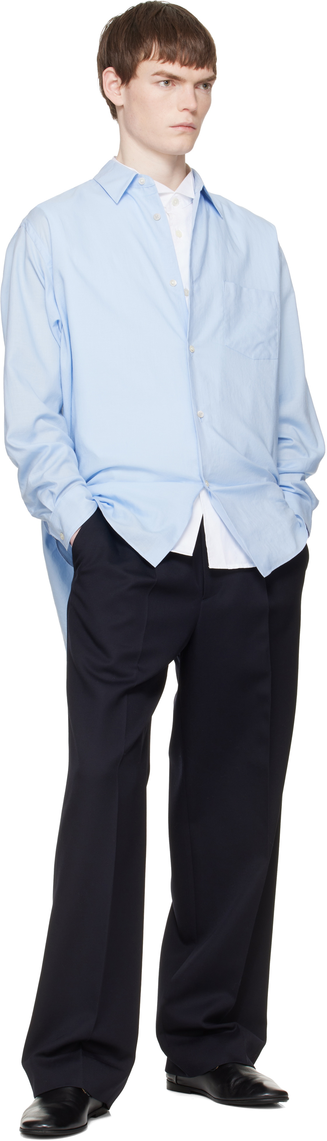 stein Blue Cotton Silk Oversized Regular Collar Shirt
