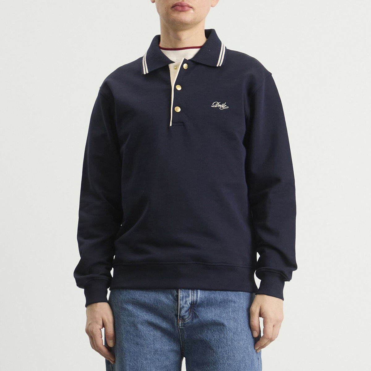 Drôle de Monsieur Men's Logo Long Sleeve Polo in Navy