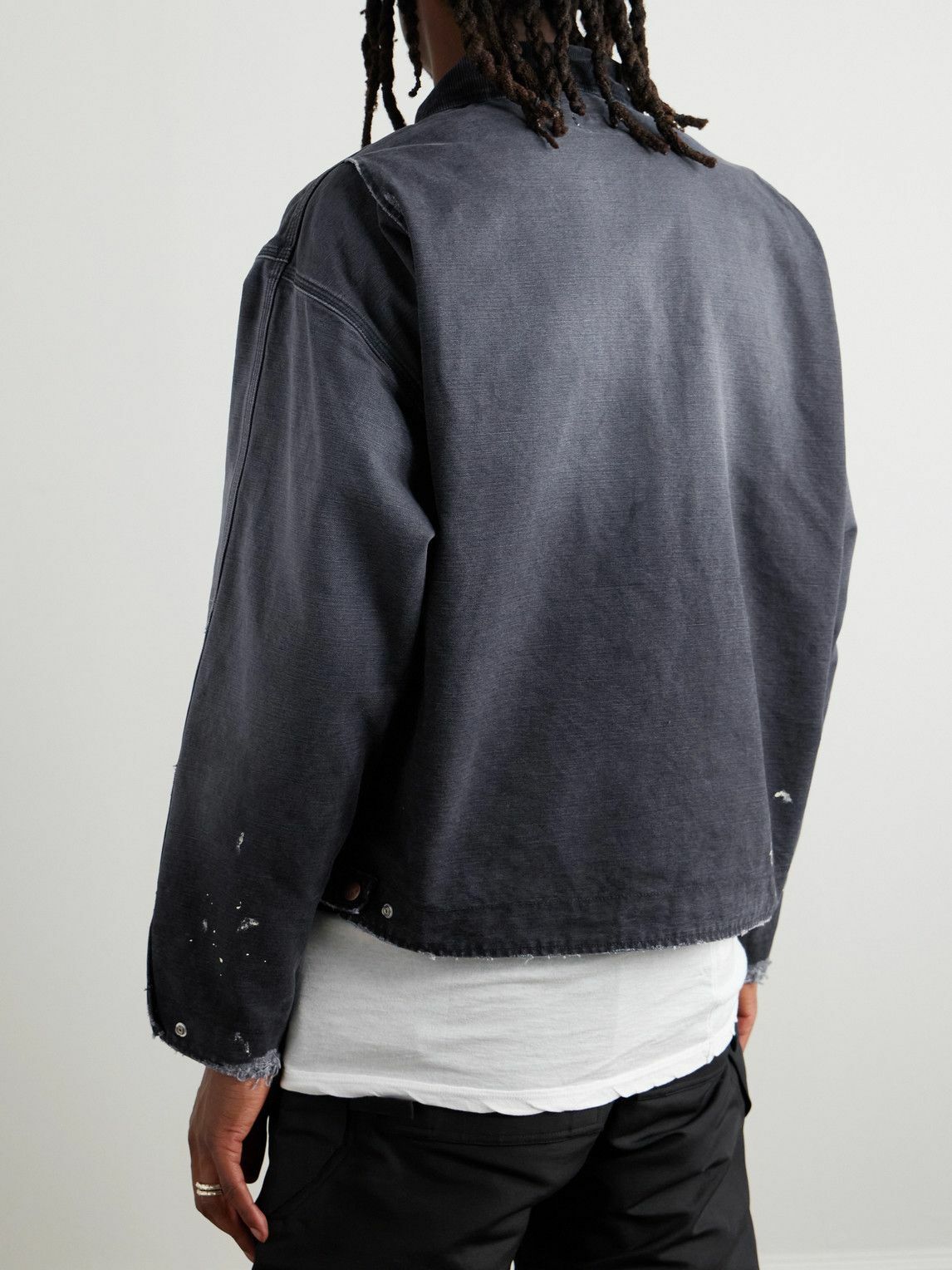 SAINT MXXXXXX - Corduroy-Trimmed Logo-Embroidered Distressed Cotton-Canvas Jacket - Black
