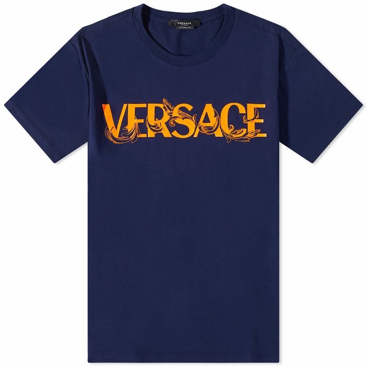 Photo: Versace Men's Baroque Text Logo T-Shirt in Navy