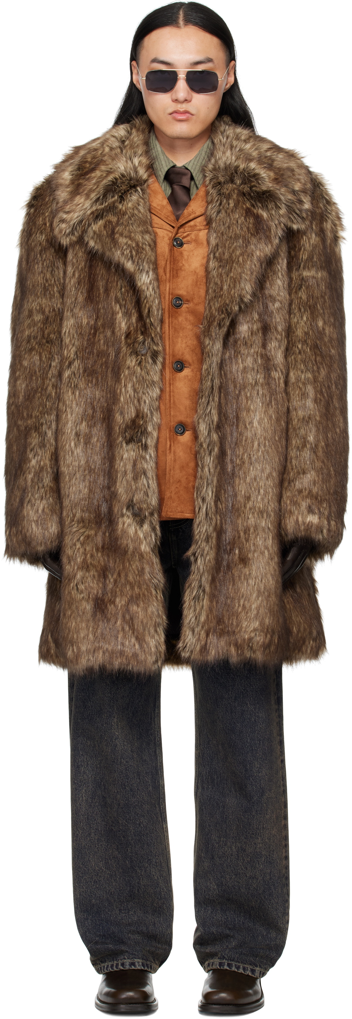 MMIC Brown Buttoned Faux-Fur Coat