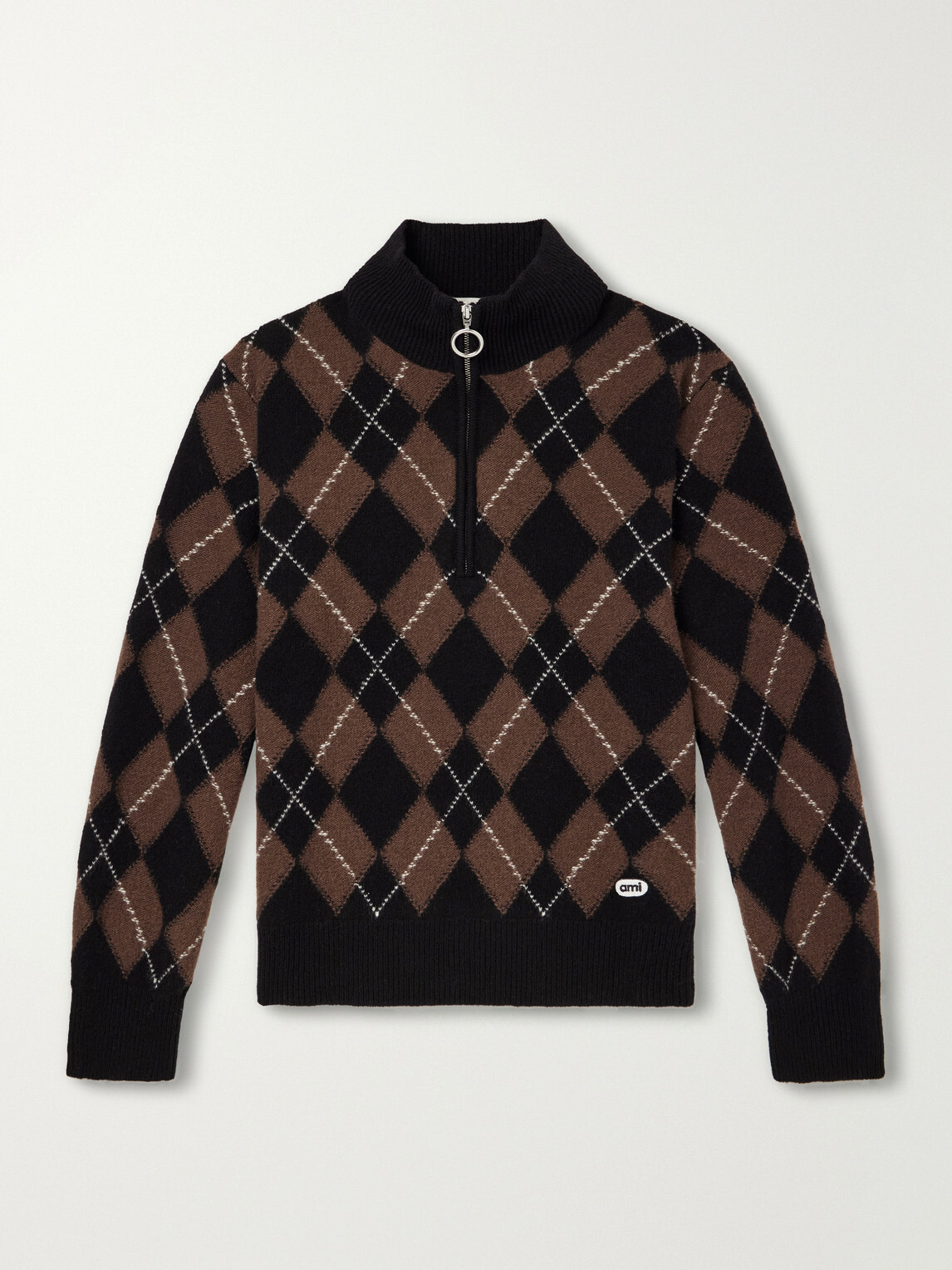 AMI PARIS - Logo-Appliquéd Argyle Virgin Wool Half-Zip Sweater - Brown