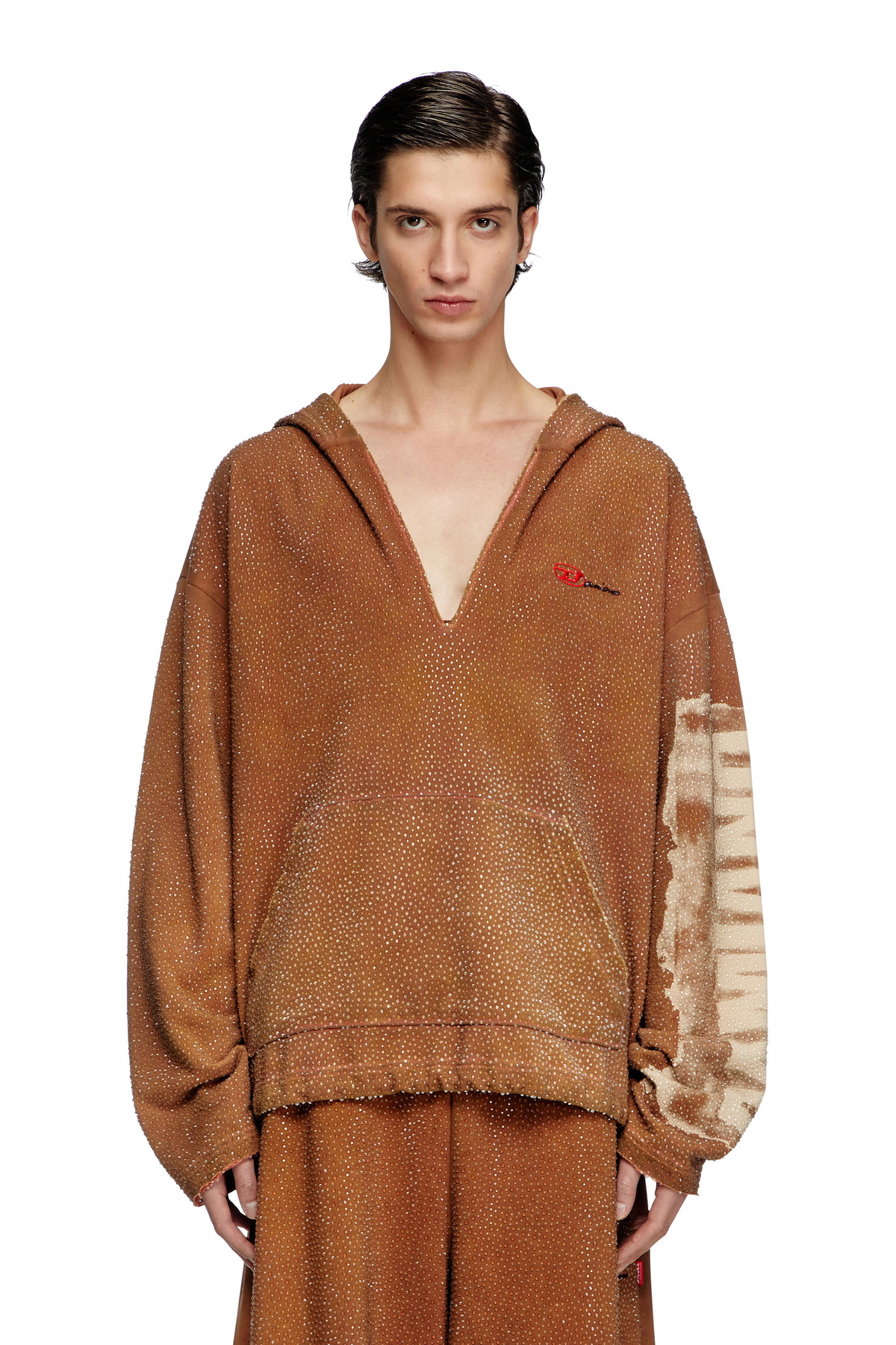 Diesel Treated V-neck hoodie with crystals - Sweaters - Unisex - Brown