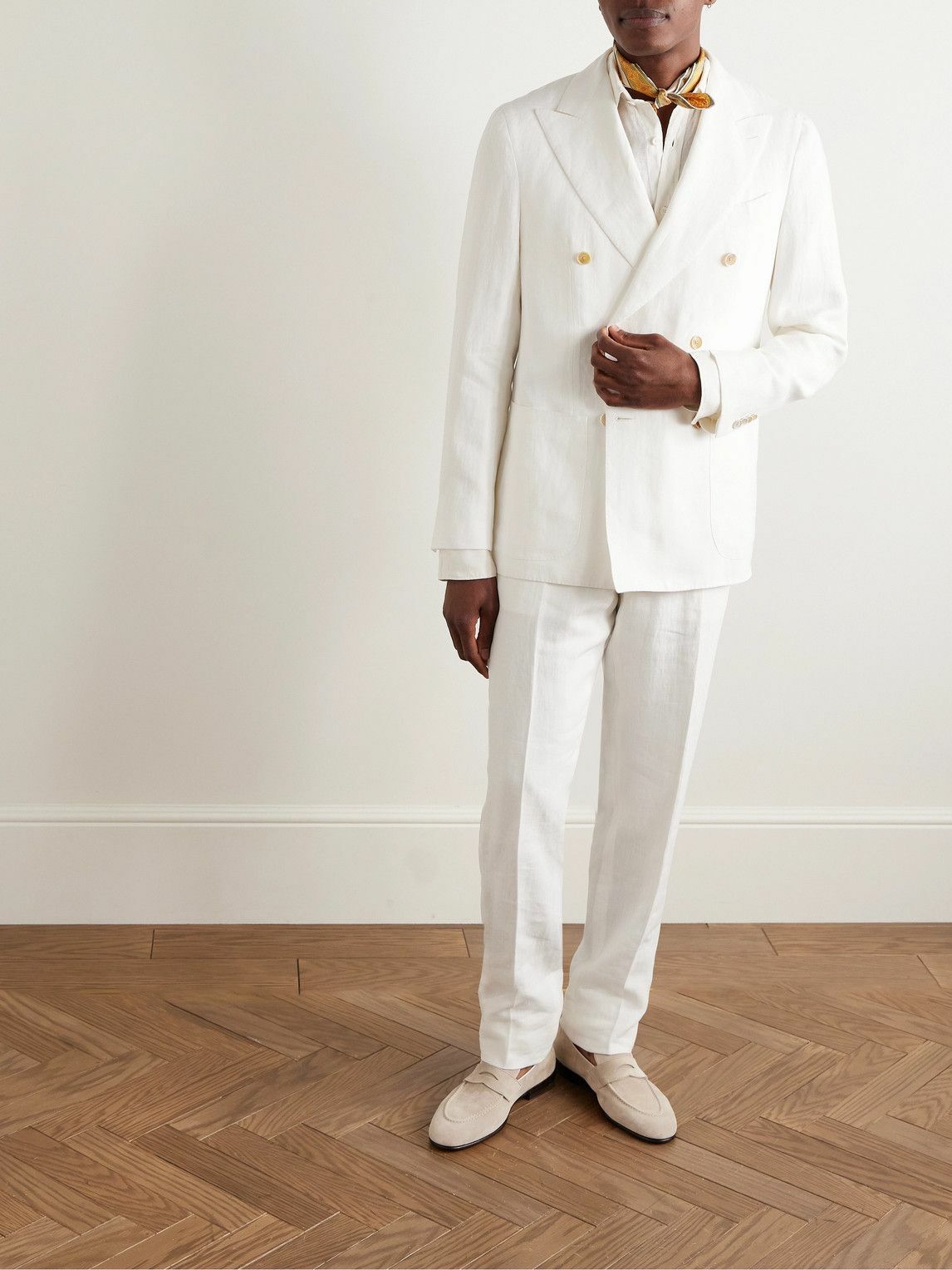 Caruso - Double-Breasted Linen Suit Jacket - White