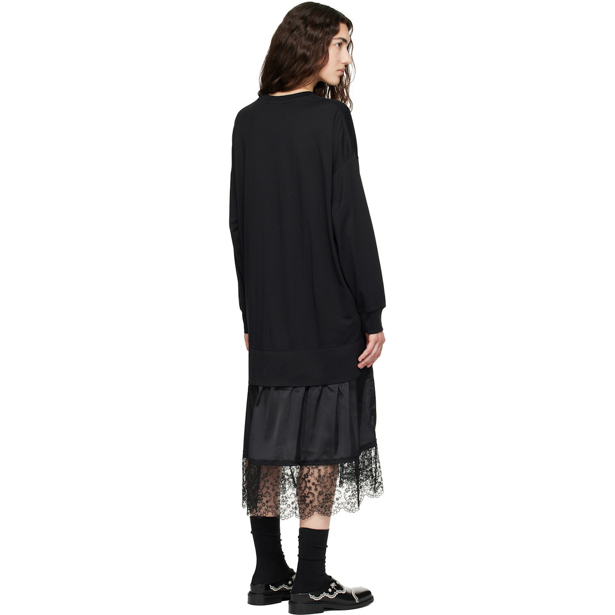 Simone Rocha Black Oversized Gathered Rose Lace Trim Midi Dress