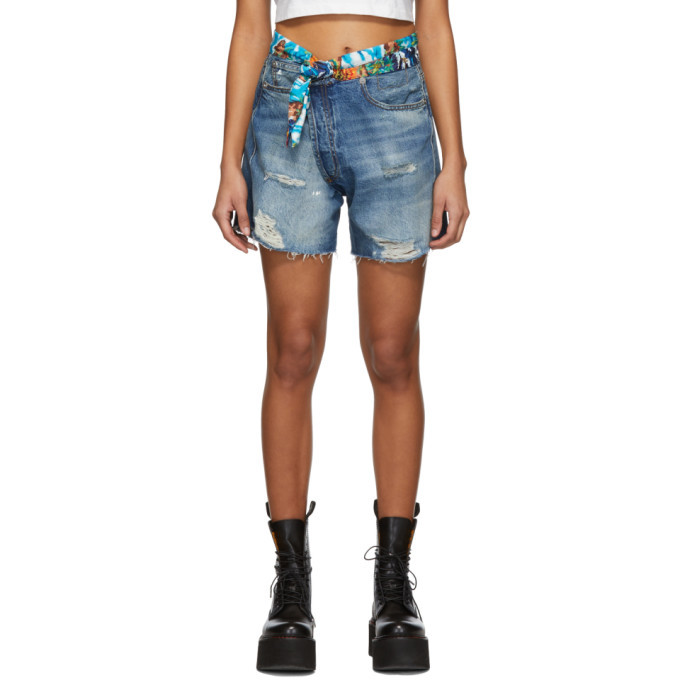 R13 Blue Denim Tie Waist Cross Over Shorts R13