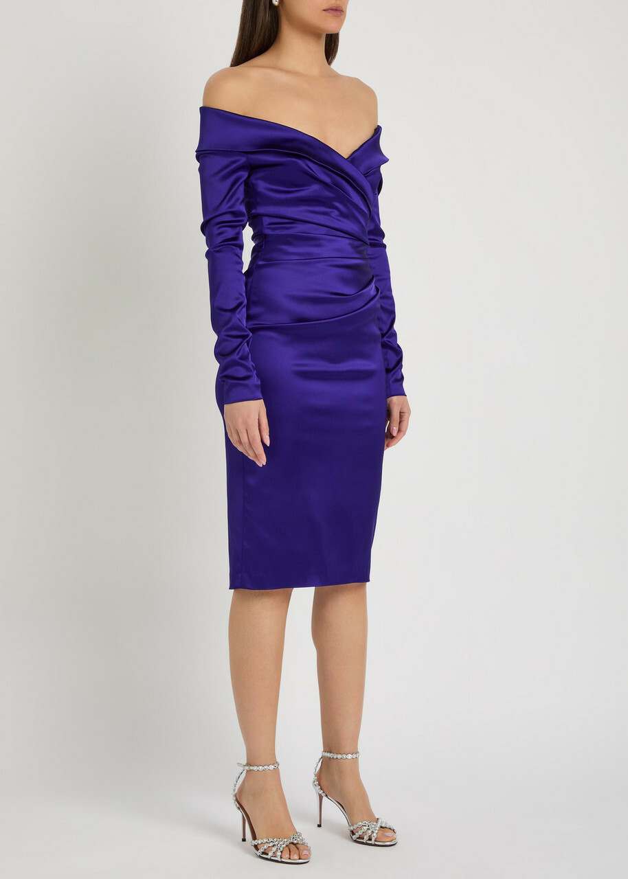 Talbot Runhof Off-the-shoulder Gathered Satin Midi Dress Blue