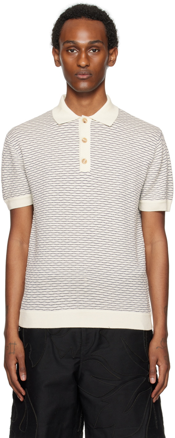 King & Tuckfield Off-White & Navy Wavy Line Polo King and Tuckfield