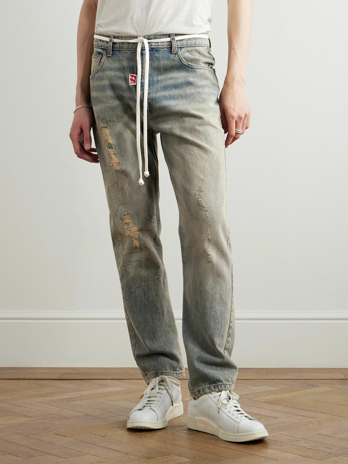 RRR123 - Fathers Way Slim-Fit Straight-Leg Belted Distressed Printed Jeans - Blue