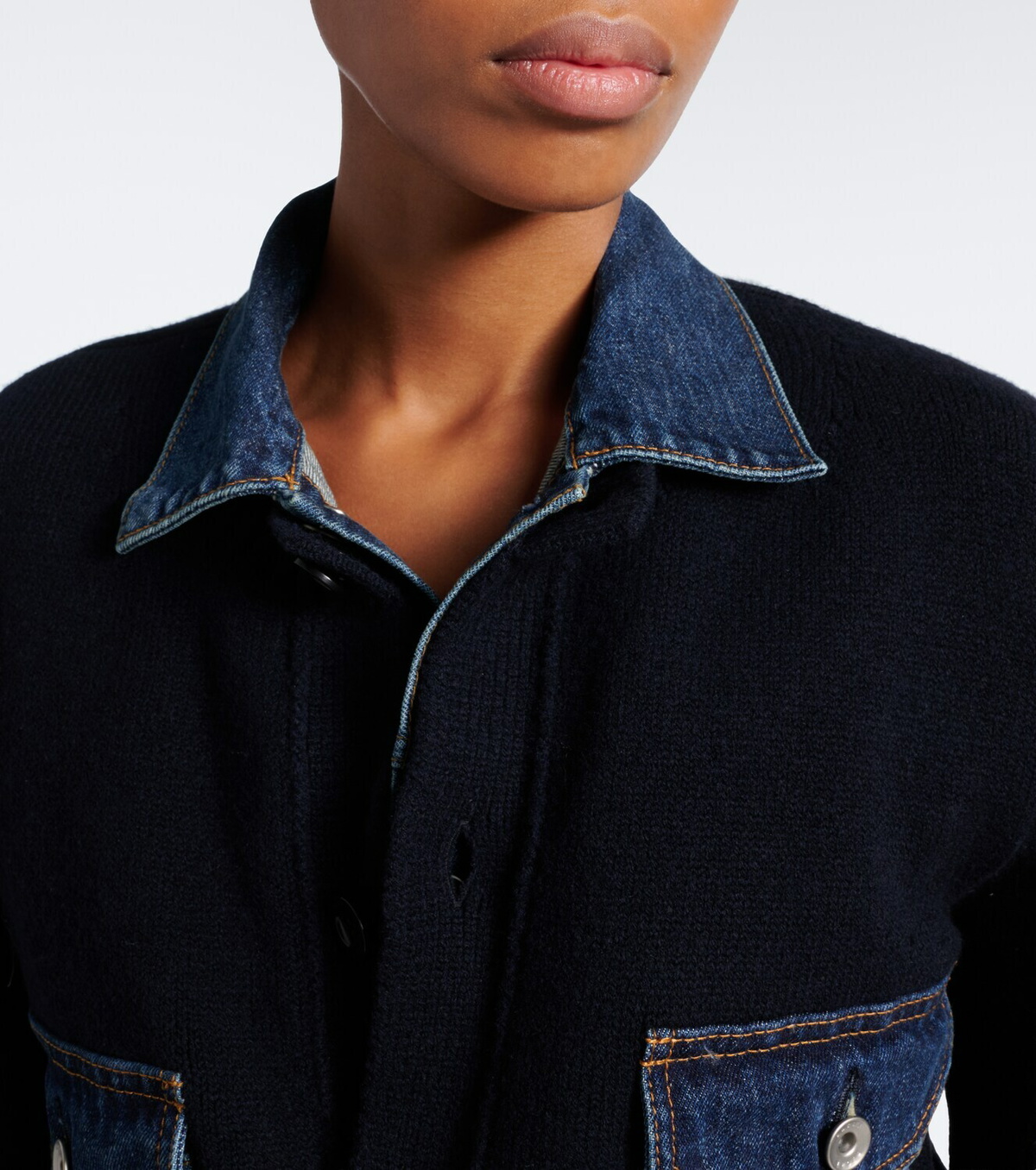 Sacai Layered wool-blend and denim cardigan