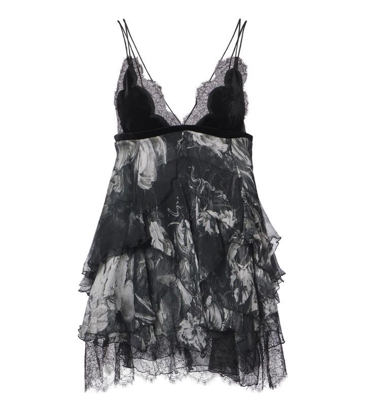 Photo: Roberto Cavalli Lace-trimmed printed silk mini dress