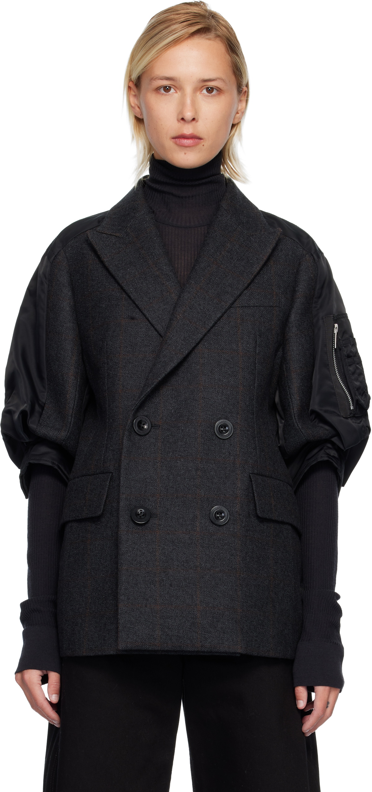 sacai Gray & Black Double-Faced Plaid Blazer