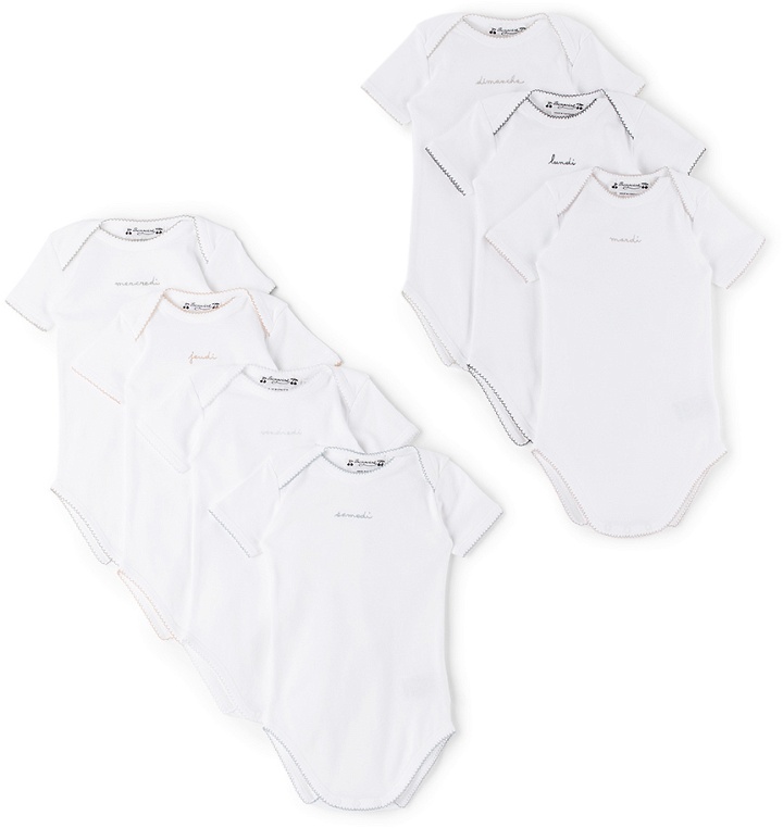 Photo: Bonpoint Seven-Pack Baby White Cotton Logo Bodysuits