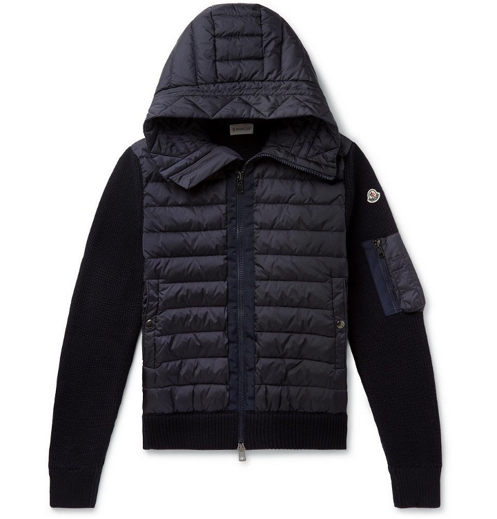 Photo: Moncler - Panelled Quilted Shell and Virgin Wool-Blend Hooded Down Jacket - Navy