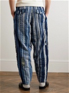 Monitaly - Tapered Pleated Embroidered Striped Cotton Trousers - Blue