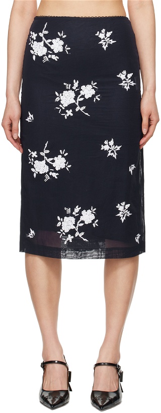 Photo: SHUSHU/TONG Navy Embroidered Midi Skirt