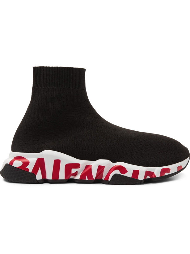Photo: BALENCIAGA - Speed Sock Logo-Print Stretch-Knit Slip-On Sneakers - Black