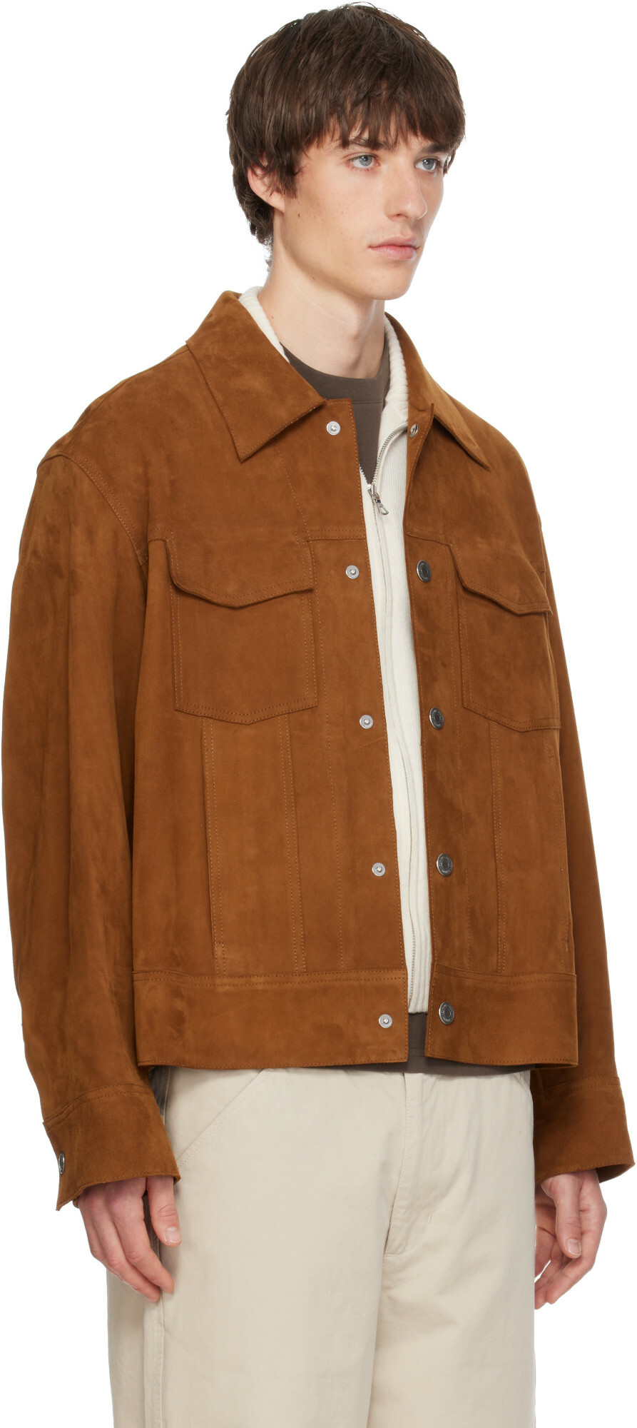 AMI Paris Tan Leather Trucker Jacket