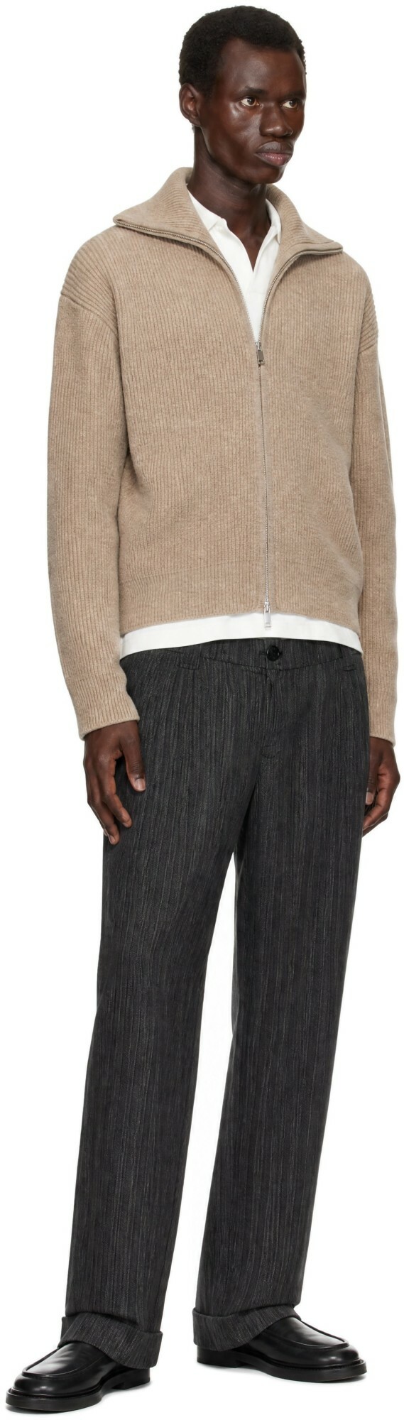 GANNI Gray Drapey Stripe Suiting Mid Waist Pleat Trousers