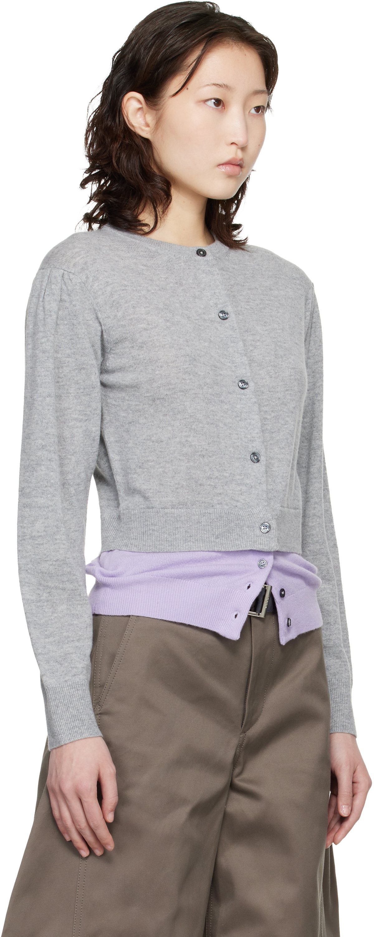 Meryll Rogge Gray & Purple Crew Neck Double Cardigan