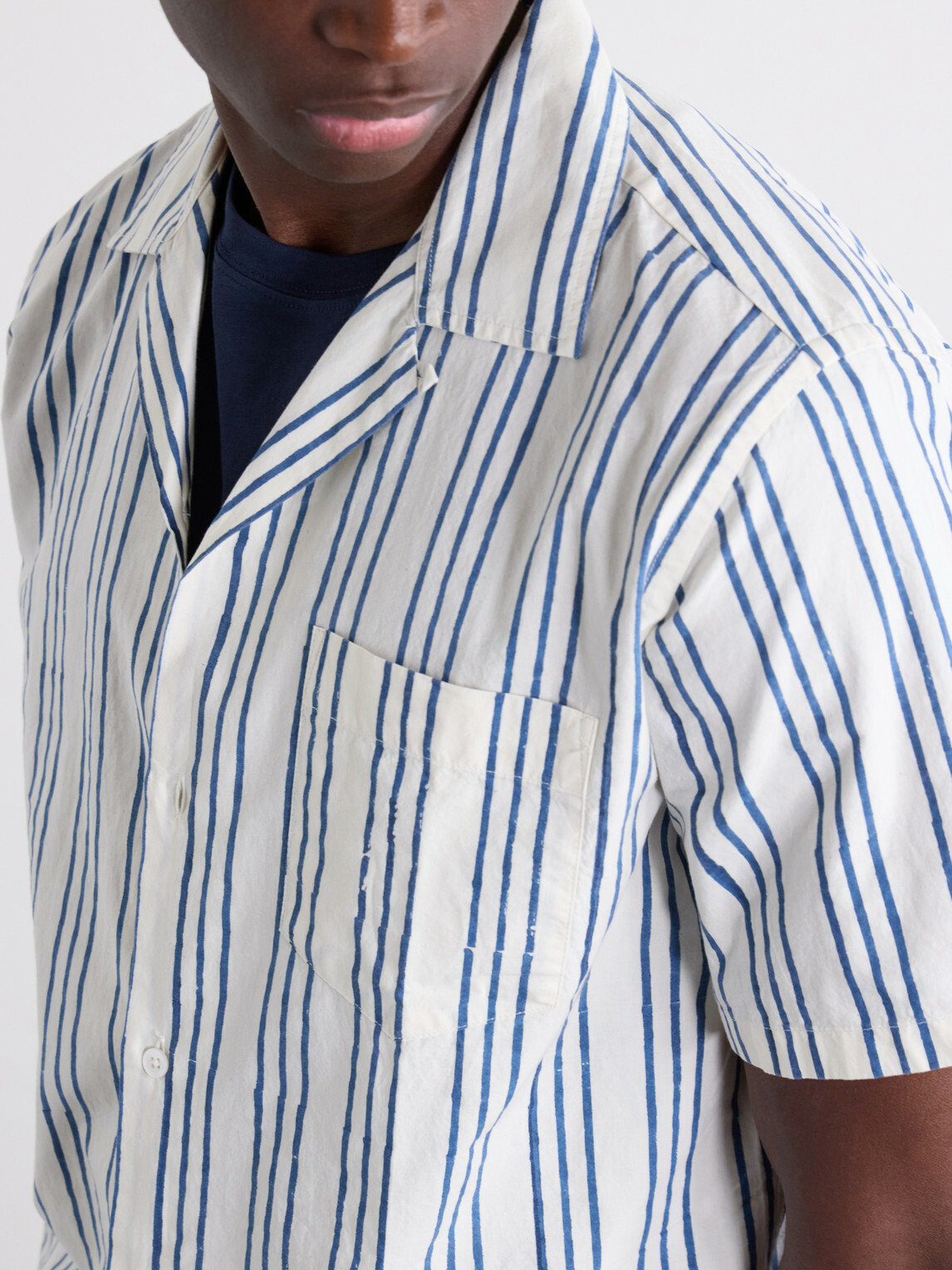 Drake's - Camp-Collar Striped Cotton-Poplin Shirt - Blue