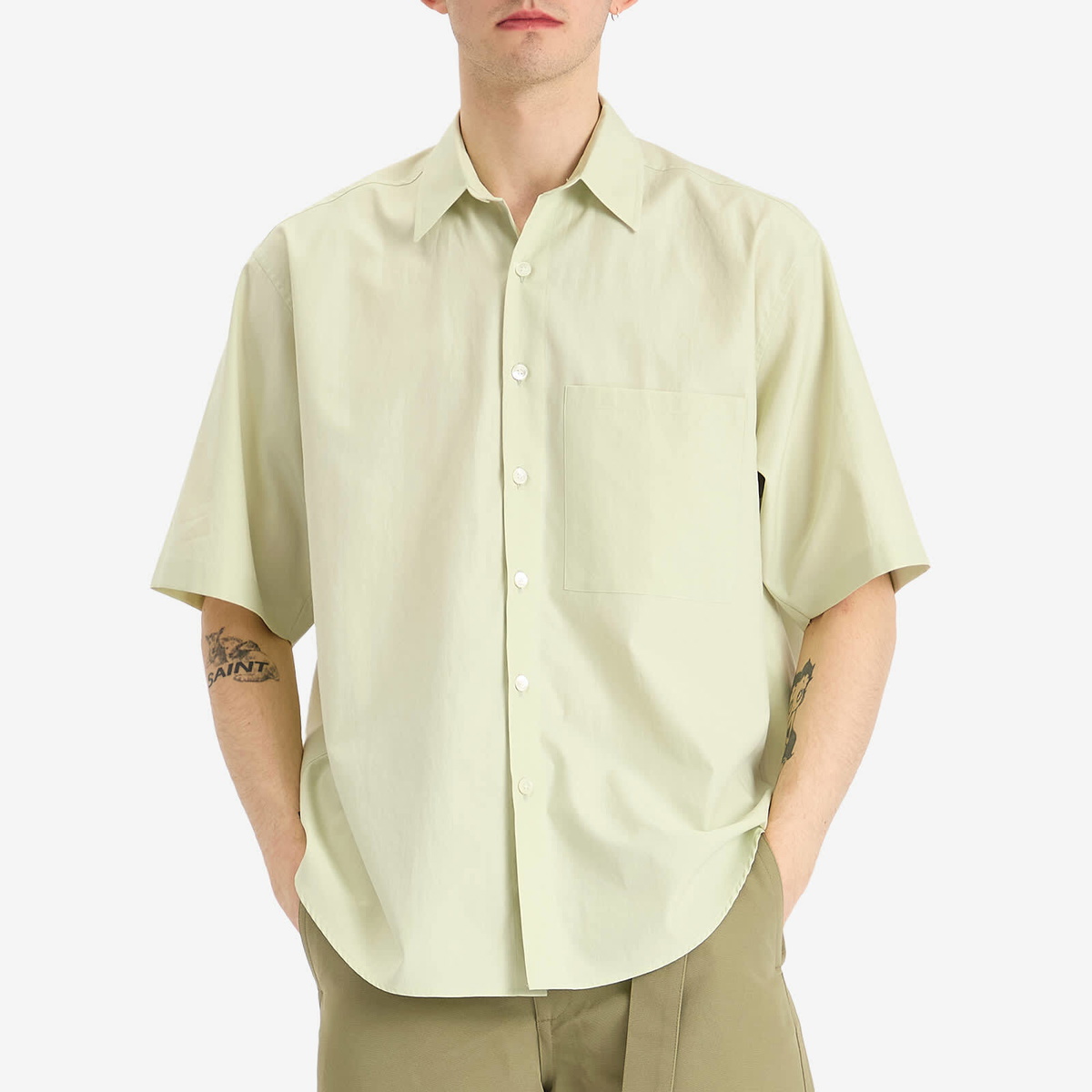 Auralee Men's Washed Finx Twill Big Half Sleeved Shirt in Auralee Men's Washed Finx Twill Big Half Sleeved Shirt in