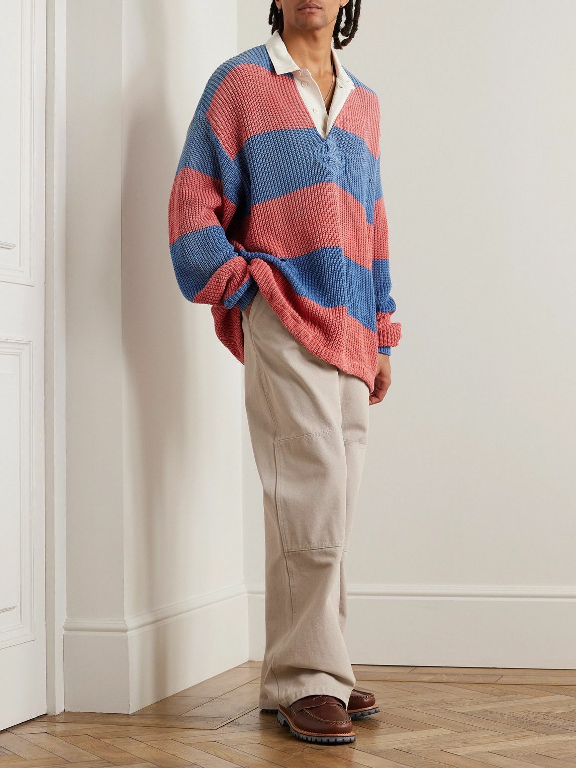 KAPITAL - Rugger Distressed Striped Ribbed Cotton-Blend Polo KAPITAL - Rugger Distressed Striped Ribbed Cotton-Blend Polo