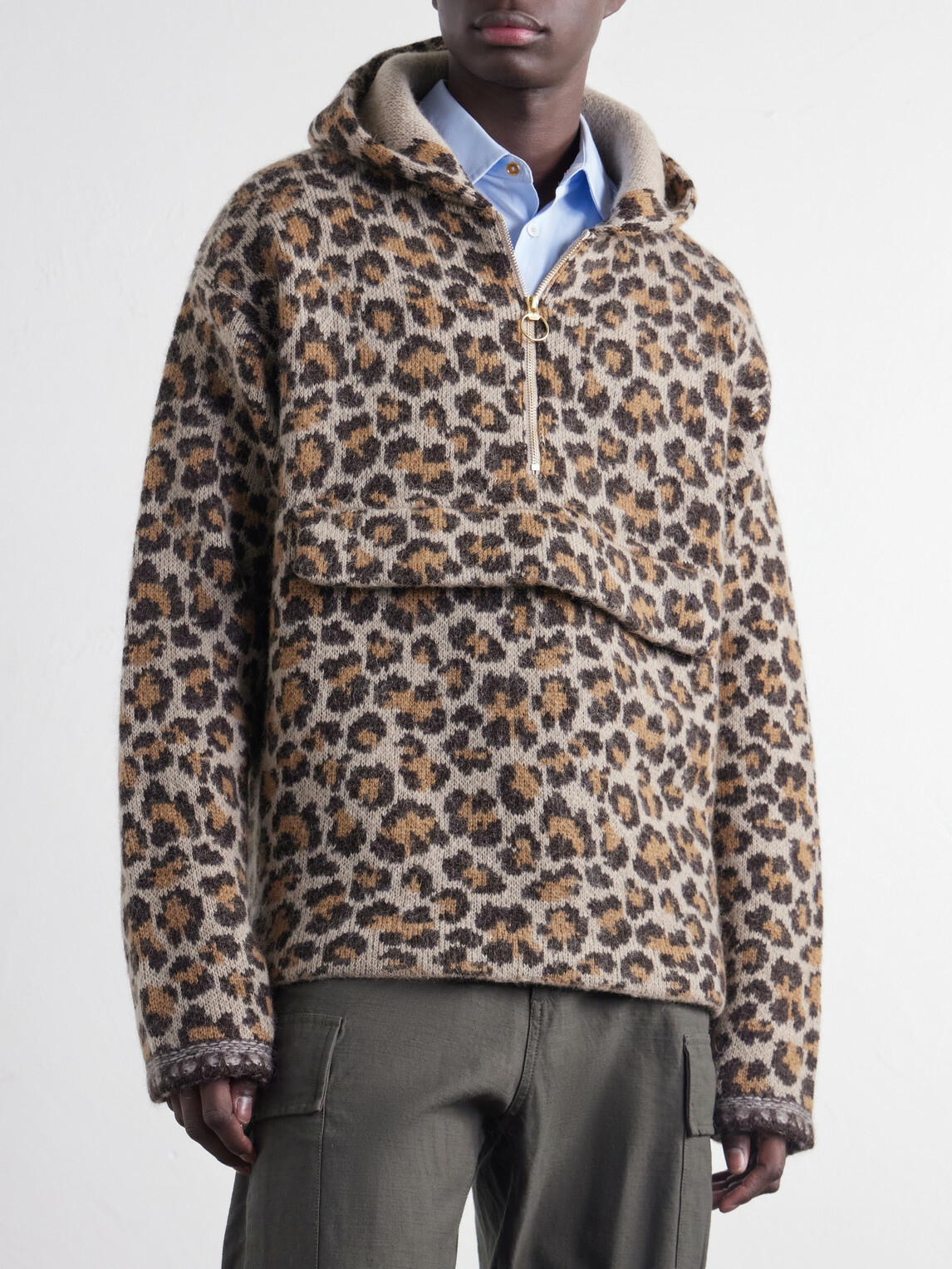 KAPITAL - Hooded Leopard-Jacquard Half-Zip Sweater - Neutrals KAPITAL