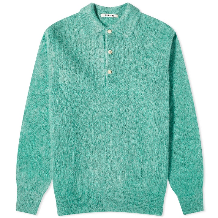 Photo: Auralee Men's Mohair Knit Polo Shirt in Jade Green