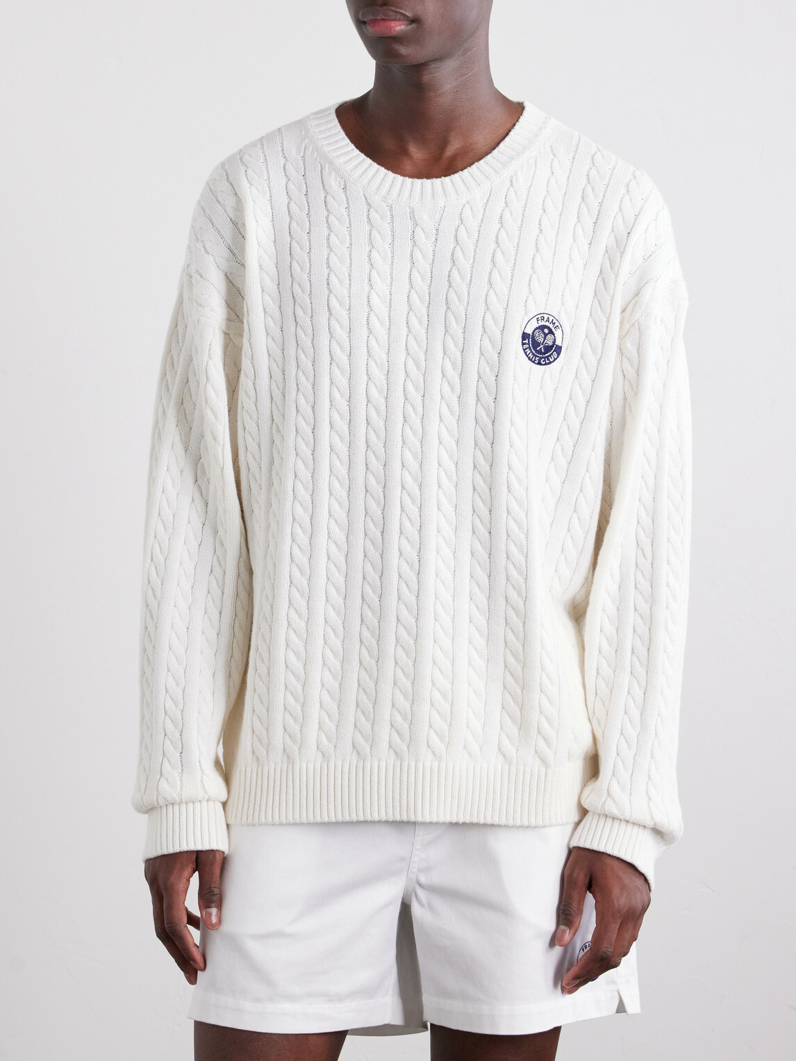 FRAME - Logo-Embroidered Cable-Knit Cotton and Wool-Blend Sweater - Neutrals