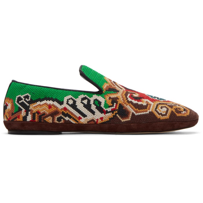 Photo: Loewe Brown and Green Embroidered Slip-On Loafers