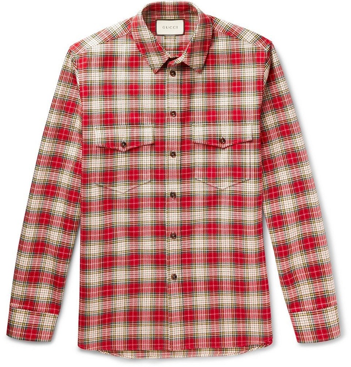 Photo: Gucci - Embroidered Checked Cotton-Twill Shirt - Men - Red