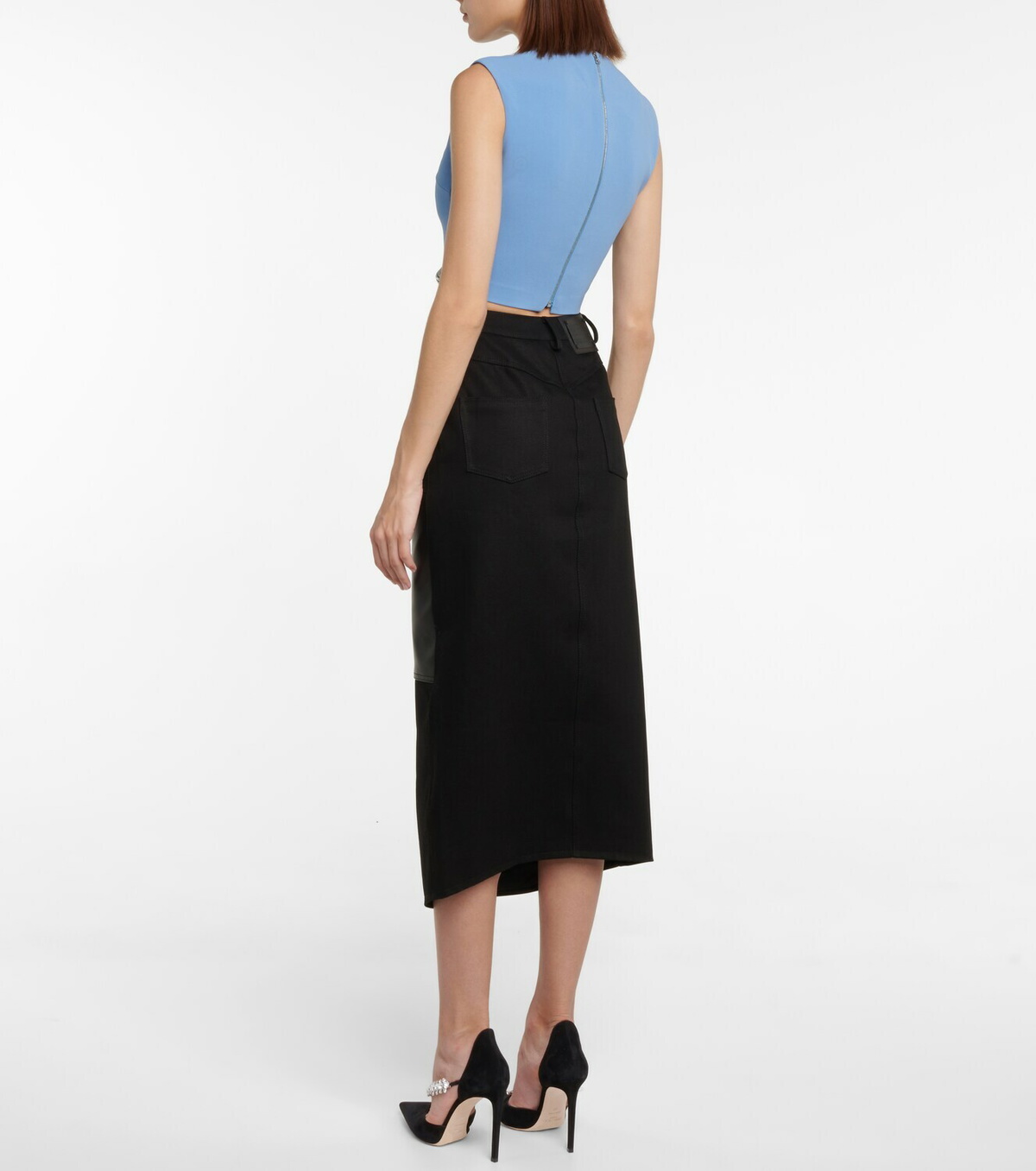 David Koma Denim and leather midi skirt