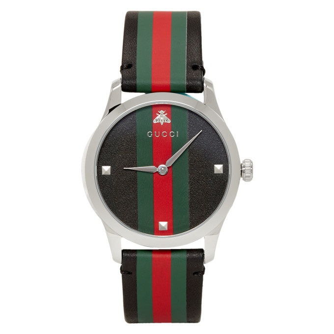 Photo: Gucci Black and Silver Striped Leather G-Timeless Watch