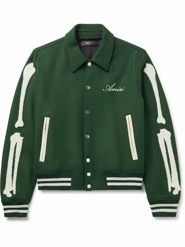 Photo: AMIRI - Bones Leather-Trimmed Appliquéd Melton Wool-Blend Varsity Jacket - Green